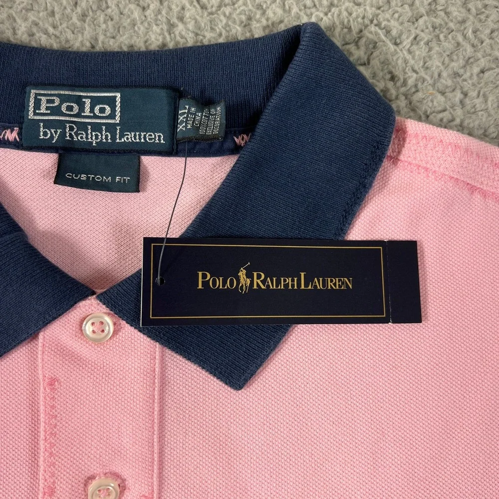 Polo Ralph Lauren Polo Shirt Men XXL Pink Navy Big Pony Custom Fit Vintage NWT